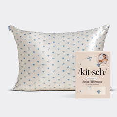 Satin Pillowcase in Pearlized Cream & Coastal Blue Print 4 Pack
